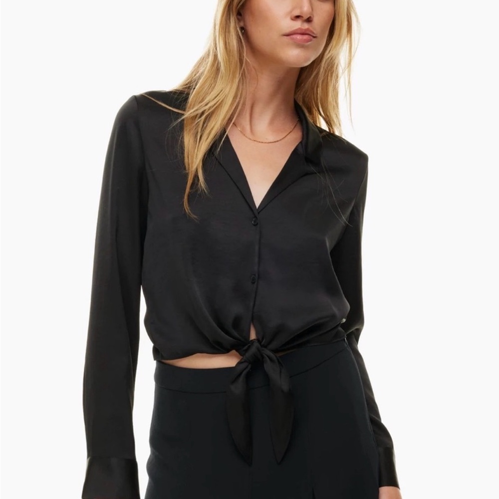 Aritzia Wilfred Black Satin Tie-Front Button Down Blouse